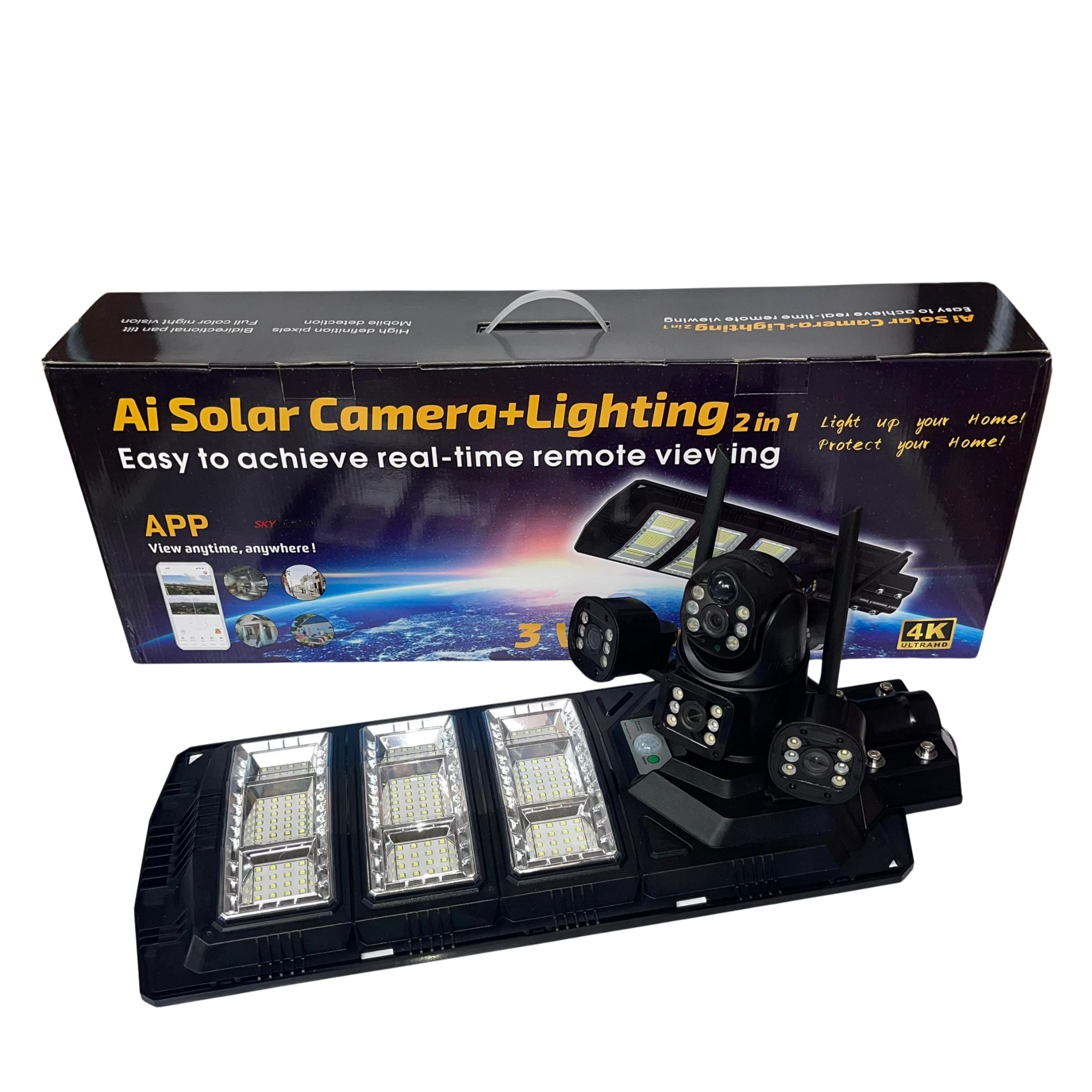 Skyvision 450watts Solar Street Light With Dual Lens - Triple Screen 4K 4G Solar Camera (V380 App).