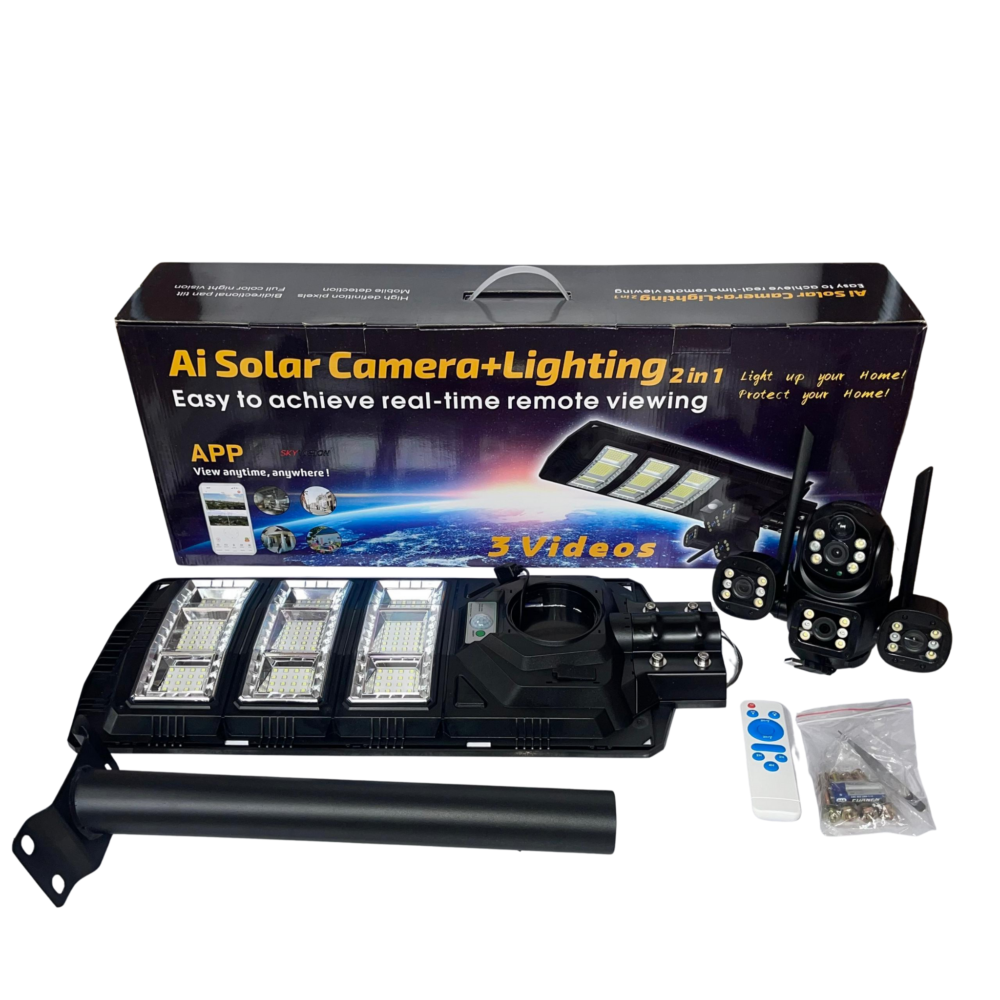 Skyvision 450watts Solar Street Light With Dual Lens - Triple Screen 4K 4G Solar Camera (V380 App)