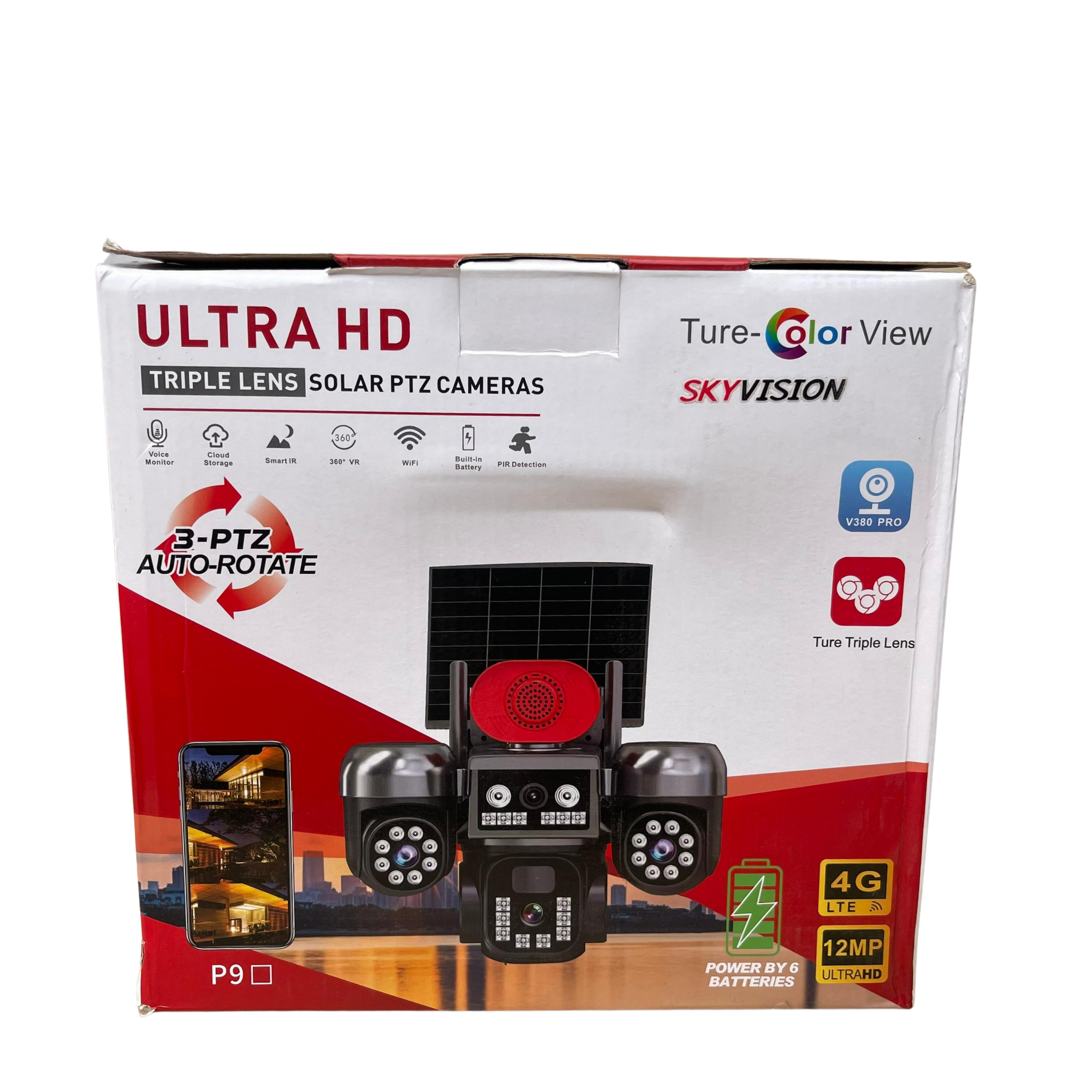 Skyvision 12MP 4G Triple Lens Solar 3-PTZ Auto Rotate Big Outdoor Camera (V380 APP).