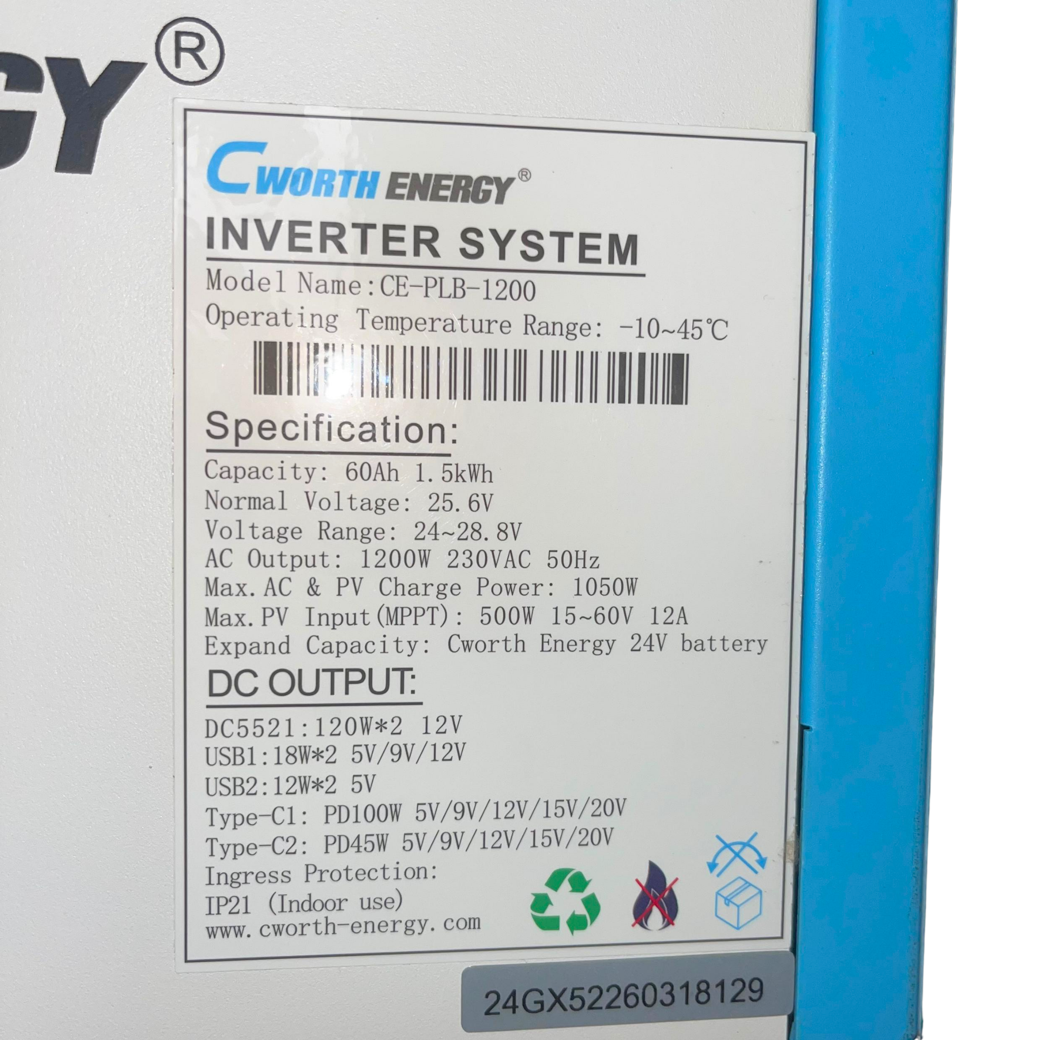 Cworth Energy 1200Watts Portable Solar Generator - 60Ah 1.5KWh Battery Capacity (CE-PLB1200).....