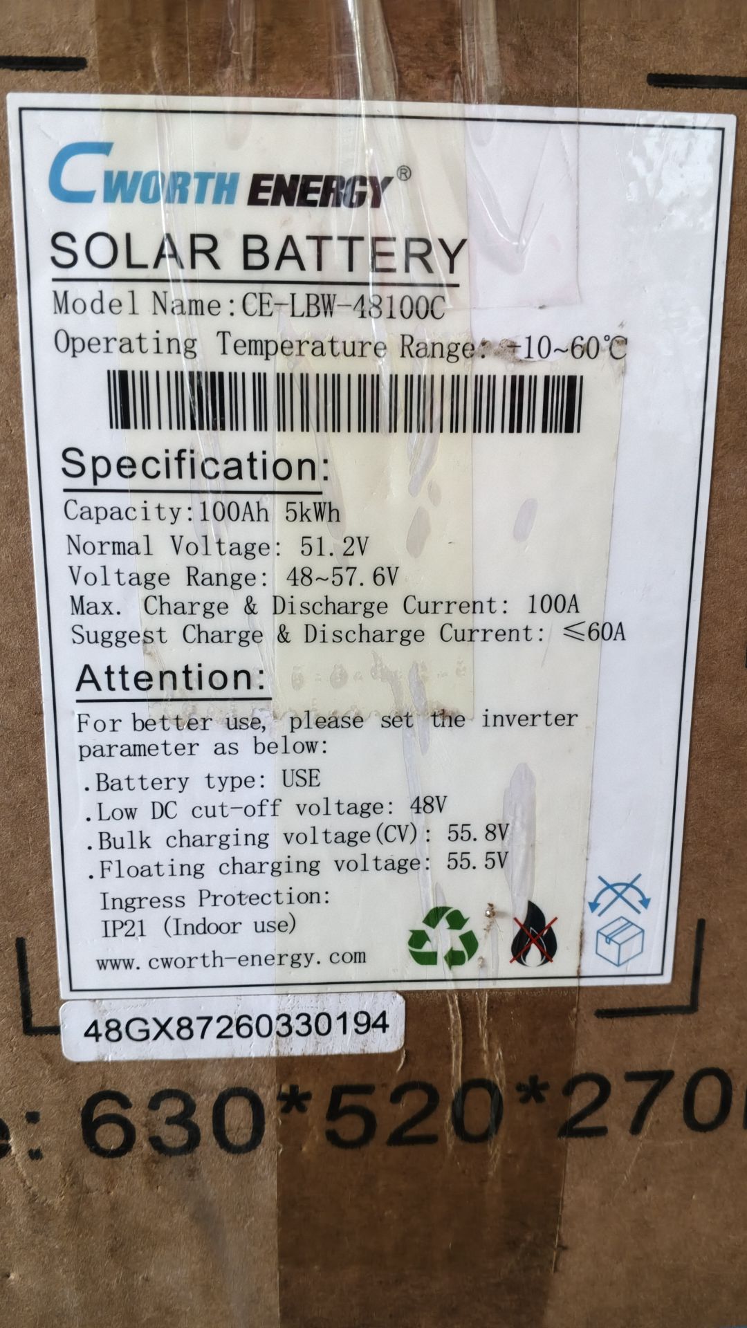 Cworth Energy 51.2V - 100AH - 5KWh Lithium Battery...