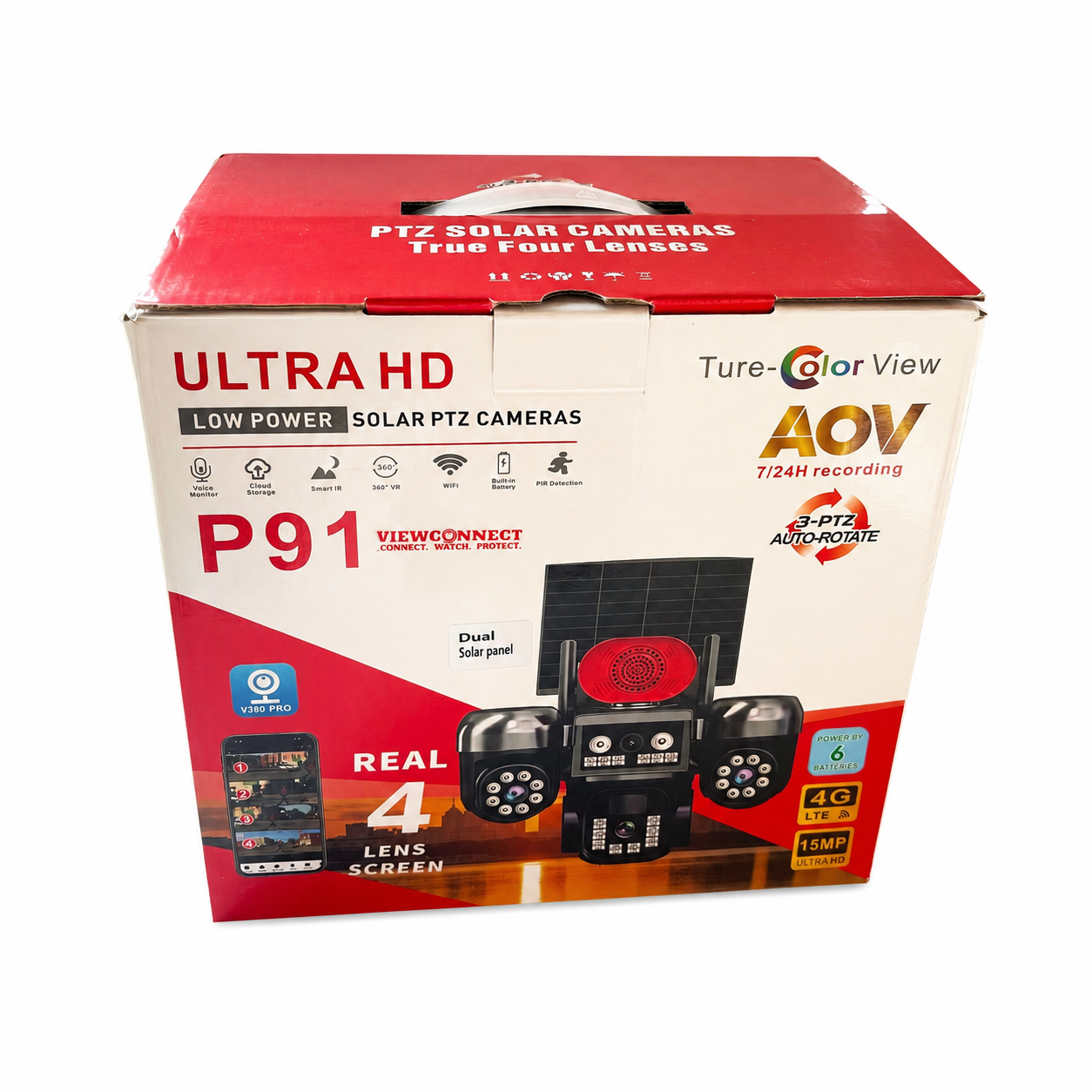 View Connect P91 15MP 4G AOV Ultra HD Four Lens Double Panel Solar PTZ Auto Rotate Big Outdoor Camera (V380 APP).