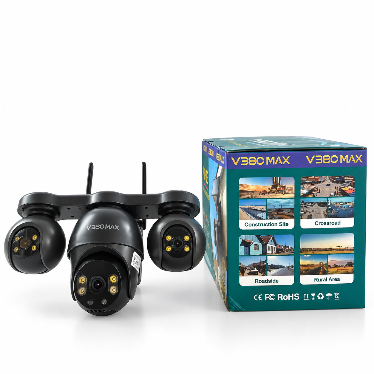 V380 Max P19SE AOV 4G Triple Lens Solar 3-PTZ Big Outdoor Camera With Auto Tracking (Black) (V380 App)..