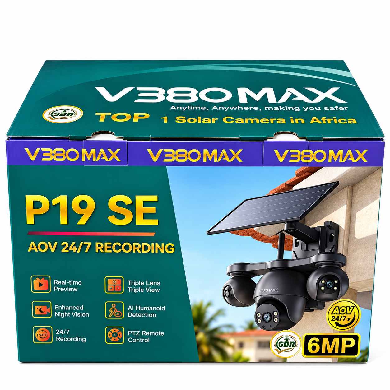 V380 Max P19SE AOV 4G Triple Lens Solar 3-PTZ Big Outdoor Camera With Auto Tracking (Black) (V380 App).
